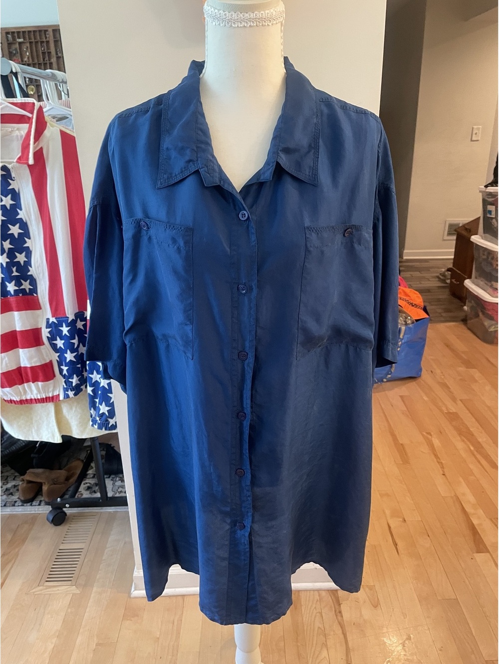 Vintage Honors Plus Size 20W Navy Blue 100% Silk Button-Up Shirt